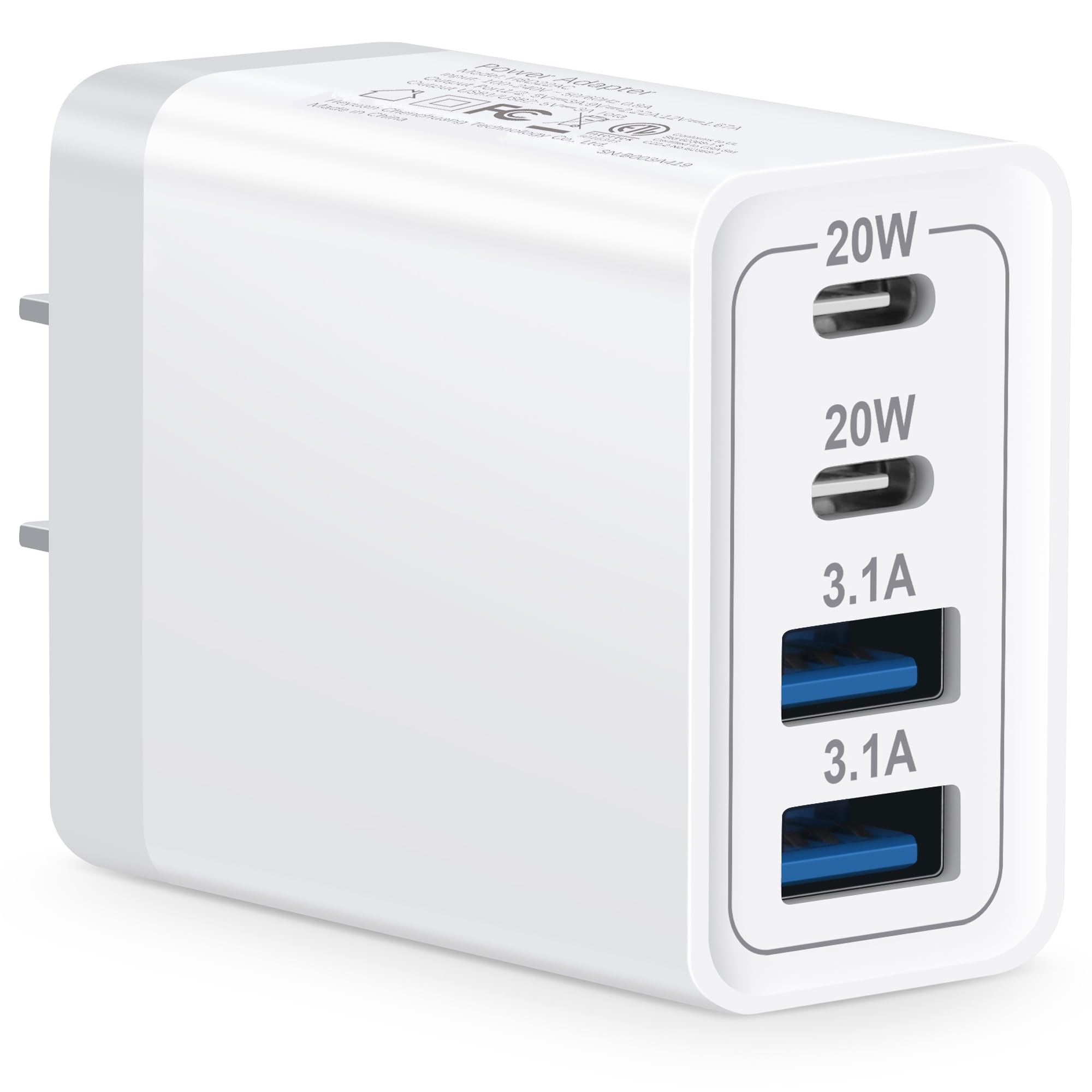 40W 4-Port USB C Wall Charger with PD Fast Charging - Dual USB-C & 2 USB Ports for iPhone 15/14/13/12/11 Pro Max, iPad, Google Pixel 9/8/7, Samsung Galaxy - Perfect for Home, Office & Travel Charging Multiple Devices Simultaneously