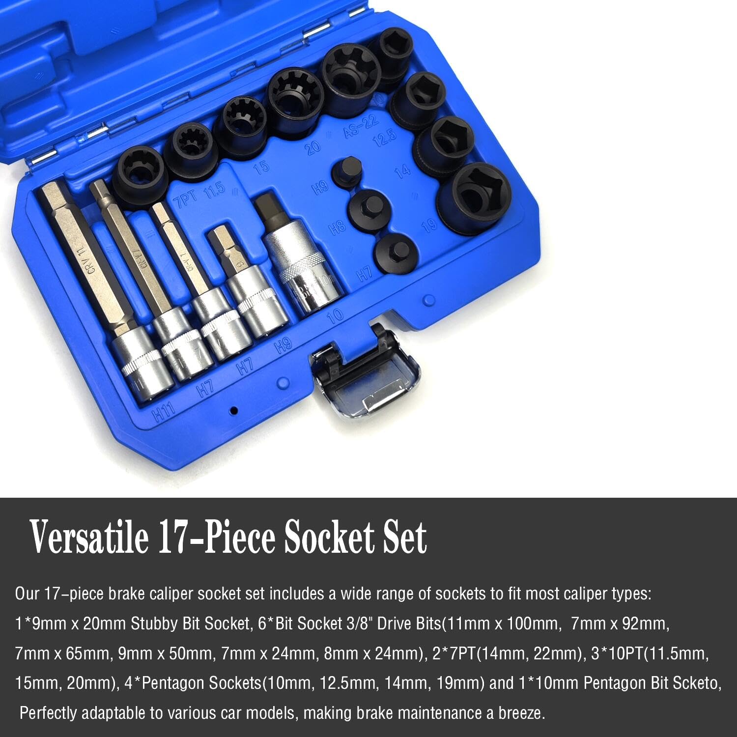 17PCS Universal Master Brake Caliper Socket Set - Professional Brake Caliper Removal Tool Kit for Most Cars (5 Point, 10 Point & Hex Sockets) - Ideal for DIY Auto Repair, Brake Maintenance & Professional Mechanic Use