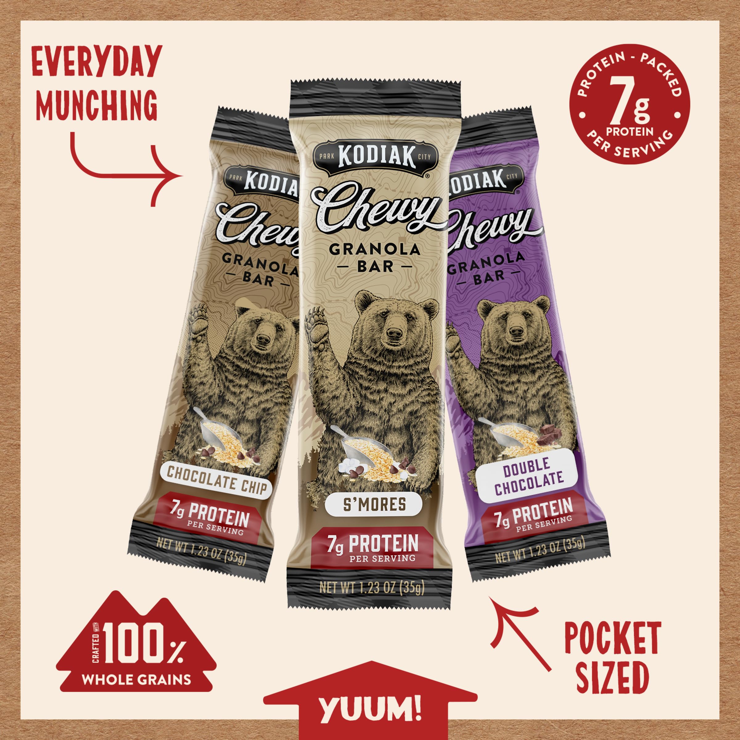 Kodiak Cakes Protein Granola Bars Variety Pack - S'mores, Chocolate Chip & Double Chocolate | High Protein, 100% Whole Grain Snack | 20 Bars (Pack of 4) | Perfect for Hiking, School Lunches & Post-Workout Energy