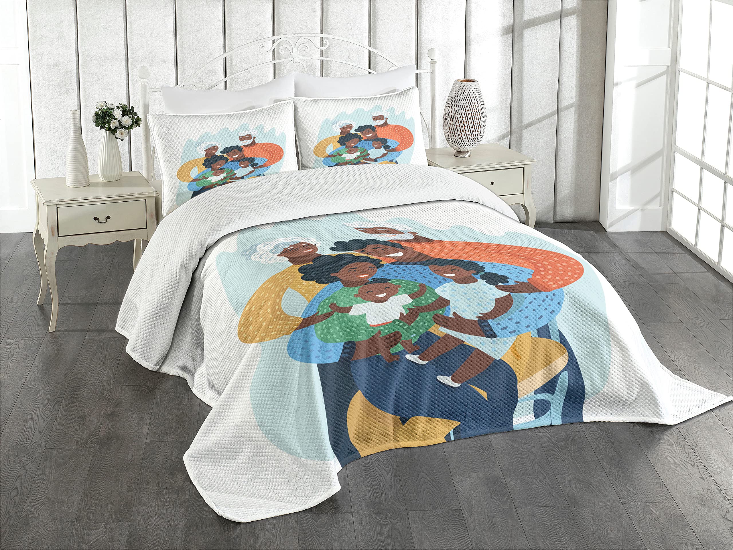 Ambesonne King Size 3-Piece Bedspread Set - Cartoon Family Scene Quilted Coverlet with 2 Pillow Shams, Pale Blue & Multicolor - Cozy Bedding for Parents & Grandparents | Perfect for Guest Rooms, Master Bedrooms & Family Homes