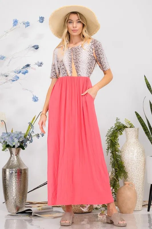 Celeste Women's Full Size Leopard Print Round Neck Short Sleeve Maxi Dress - Perfect for Beach Vacations, Summer Parties & Casual Outings