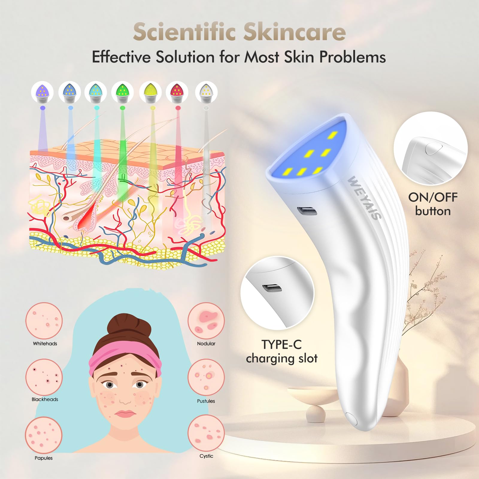 7-Color LED Light Therapy Wand for Face - Red & Blue Light Therapy Device for Skin Care, Anti-Aging & Acne Treatment | Perfect for Home Spa & Skincare Routine