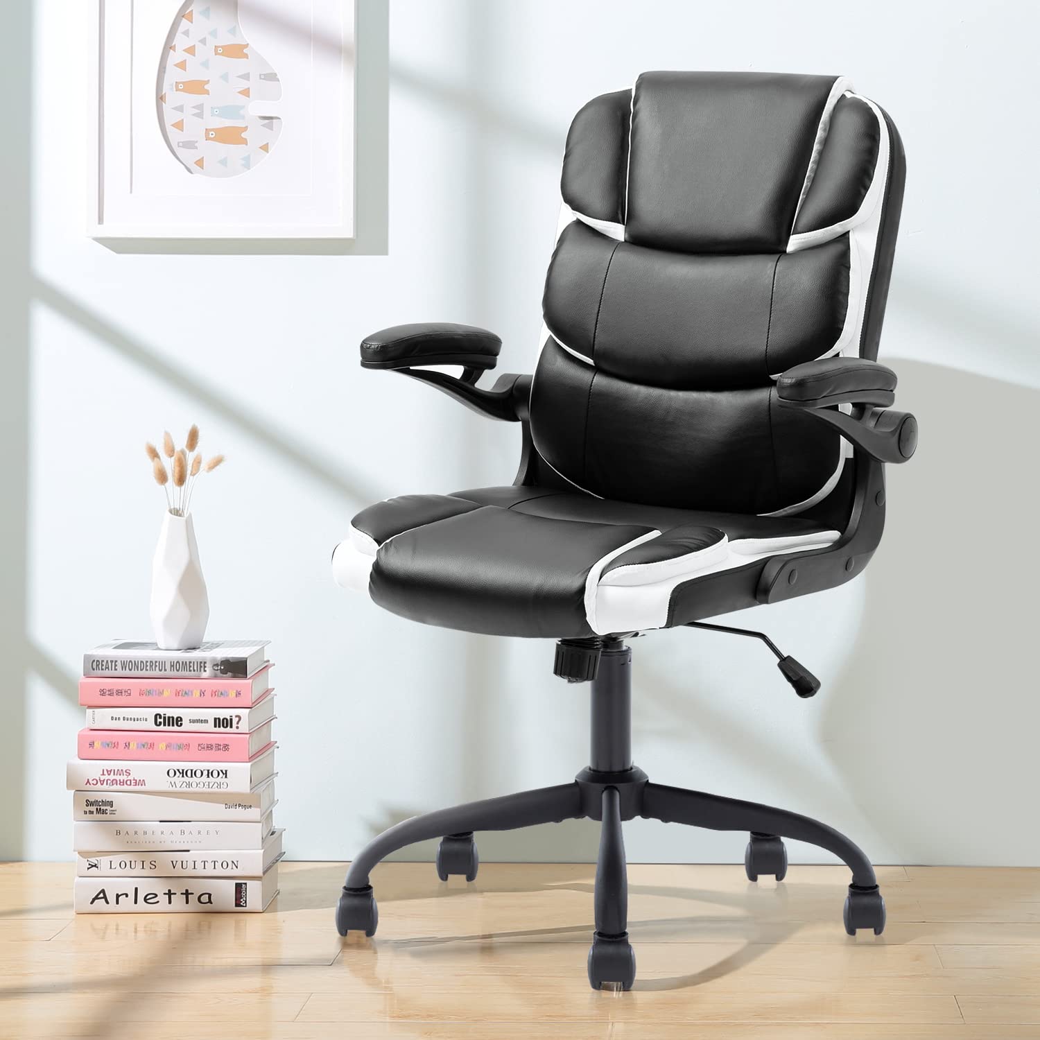 Ergonomic Home Office Desk Chair - Modern Executive PU Leather Computer Chair with Wheels & Adjustable Arms for Adults - Black & White - Perfect for Remote Work, Gaming & Study