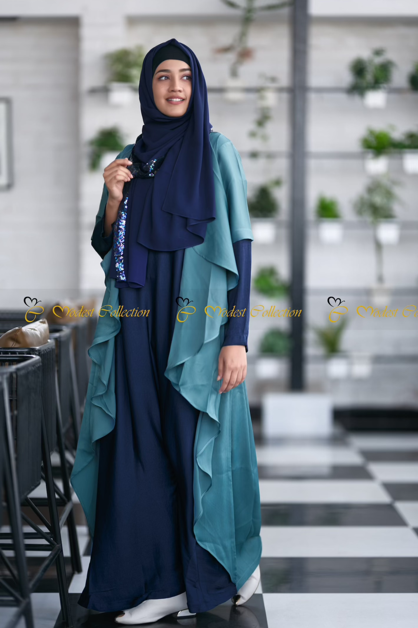 Elegant Cobalt Waterfall Shrug Abaya - Modest Muslim Prayer Dress for Women | Perfect for Eid, Ramadan & Special Occasions