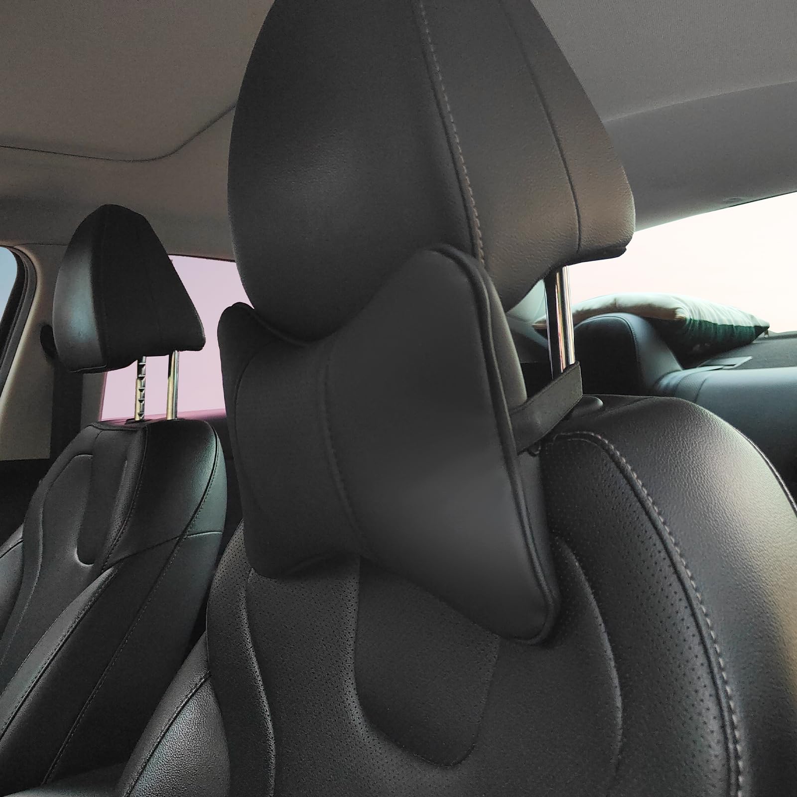 2 Pack Car Neck Pillow - PU Leather Automotive Headrest Pillow for Neck Pain Relief - Universal Car Travel Pillow (Black) - Perfect for Long Road Trips & Commuting Comfort