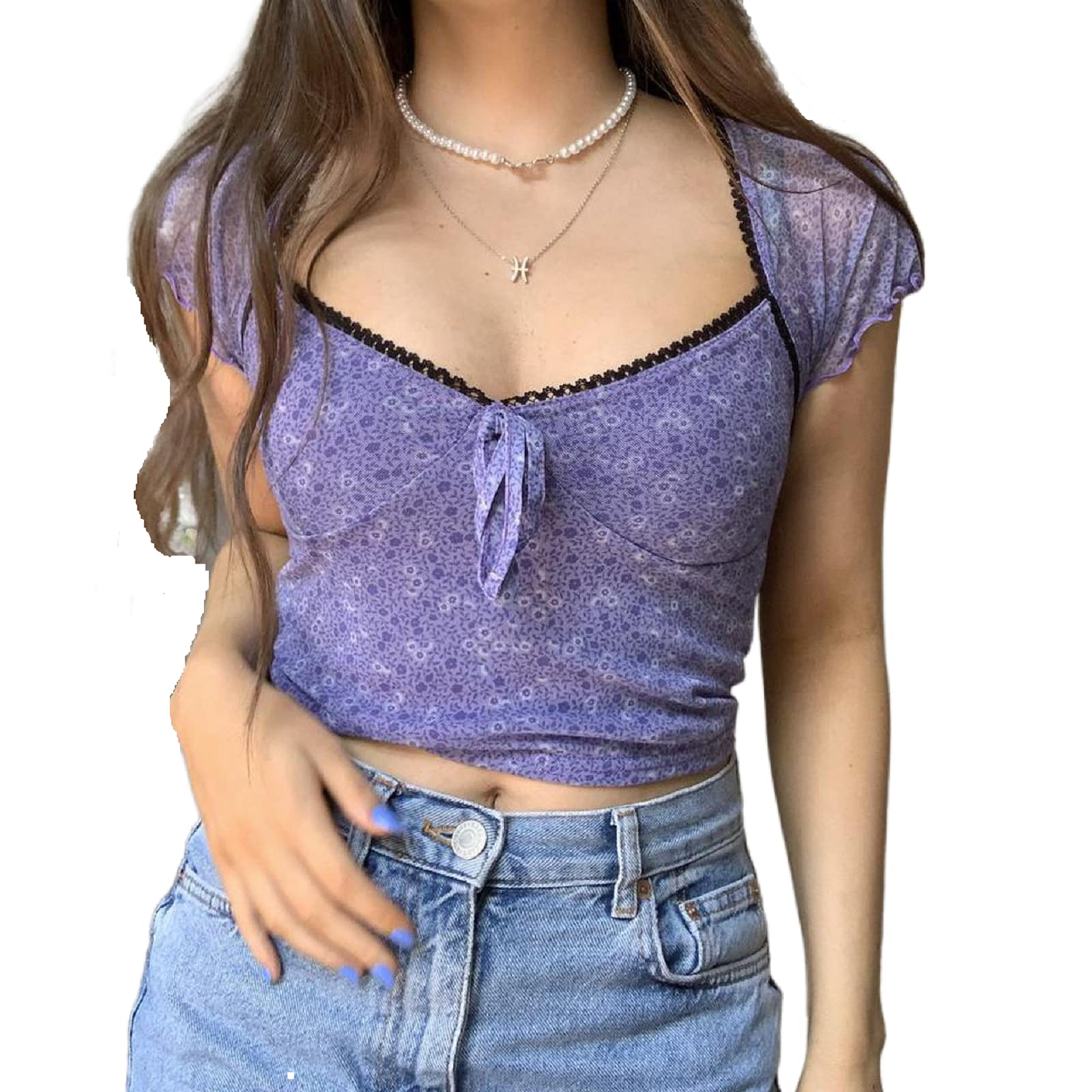 Y2K Short Sleeve Crop Top - Vintage Grunge Graphic Print T-Shirt with Fairy Lace Detail | Harajuku Aesthetic Summer Fashion | Perfect for Music Festivals, Streetwear & 90s Retro Outfits