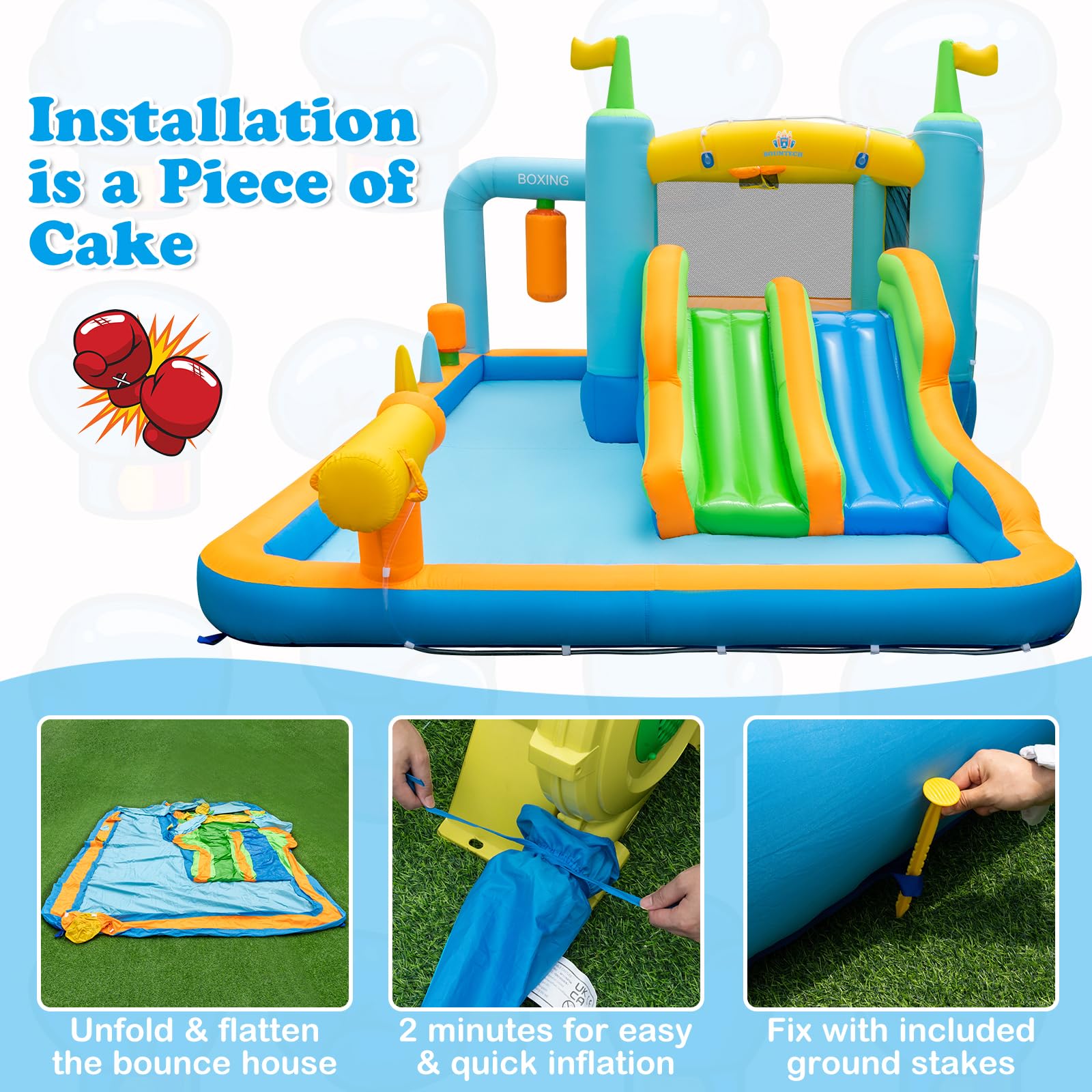 BOUNTECH Inflatable Water Slide - Boxing Theme Double Waterslide Bounce House for Kids, Blow Up Jump Castle for Boys & Girls Outdoor Birthday Party | Backyard Summer Fun, Pool Party Games, Water Play Activities