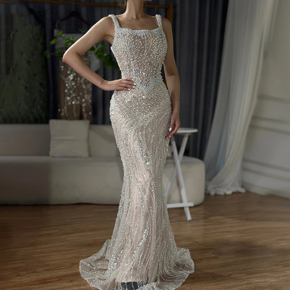 Elegant White Nude Spaghetti Strap Mermaid Evening Gown with Luxury Pearl Beading - Women's Formal Dress for Wedding, Prom & Special Occasions