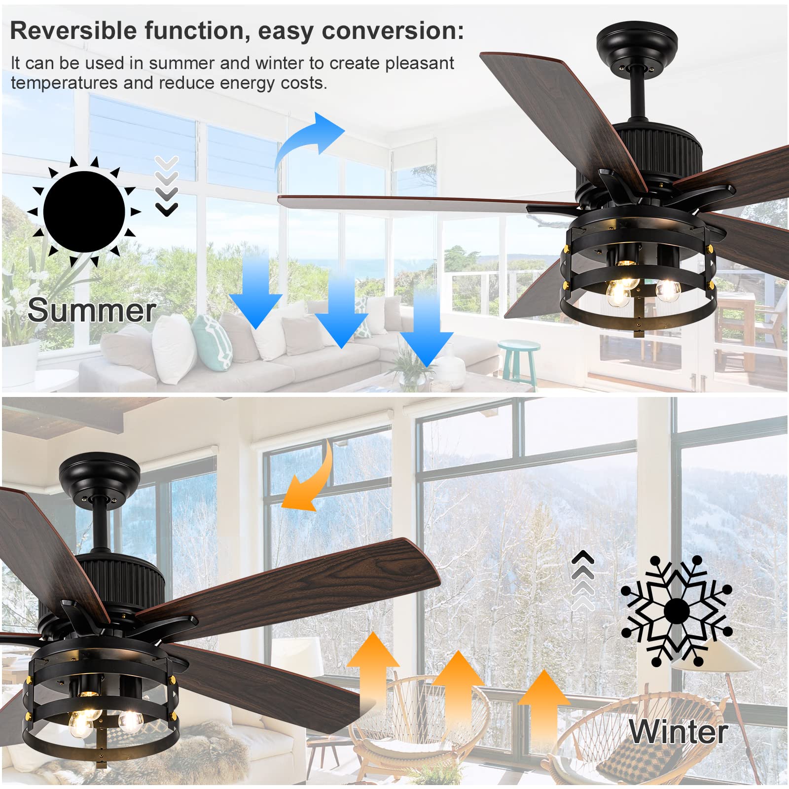 52 Inch Farmhouse Rustic Ceiling Fan with Lights - Industrial Style Outdoor/Indoor Reversible Fan with Large Airflow, Dual Finish Blades & Timer - Perfect for Patio, Living Room, Bedroom and Covered Porch
