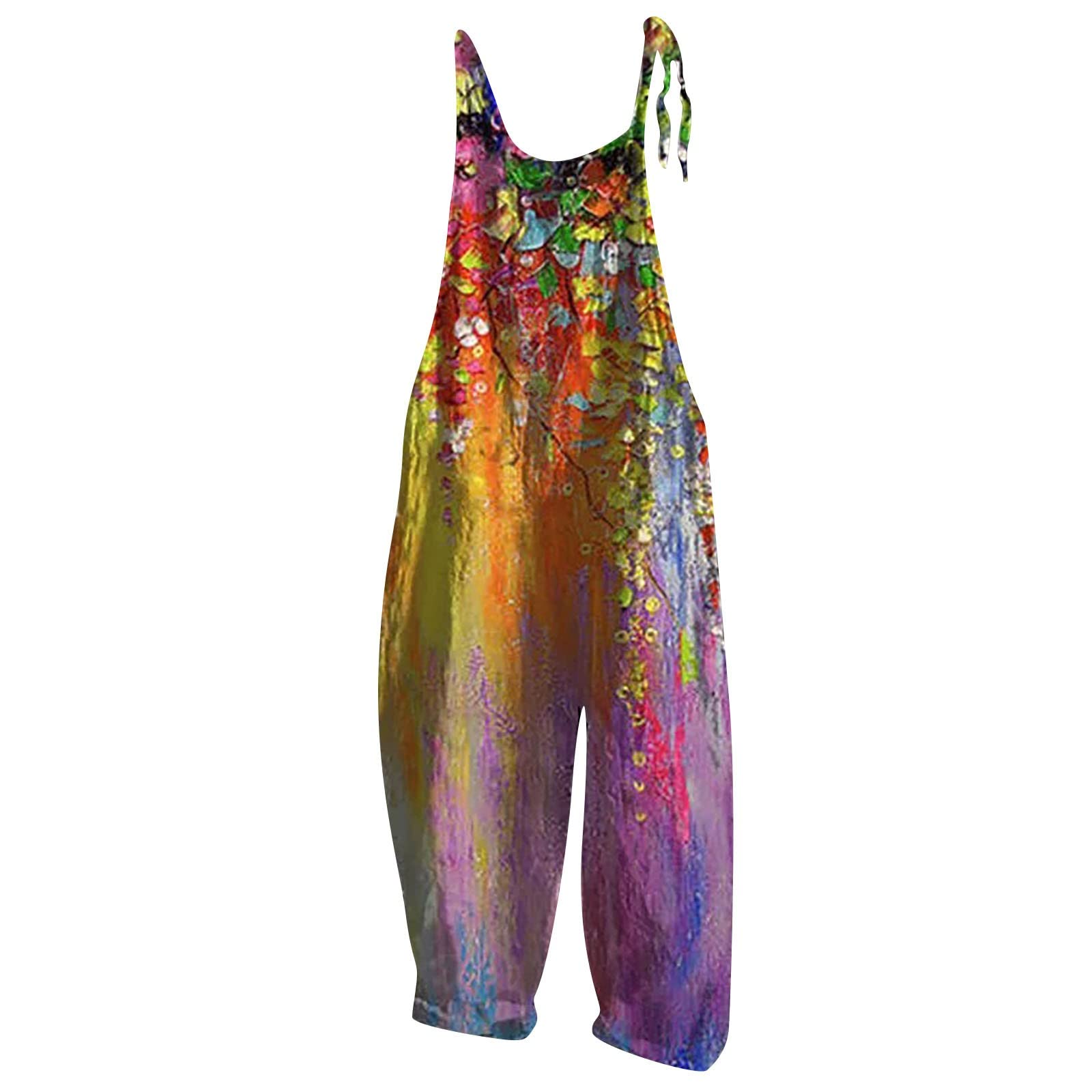 Plus Size Women's Boho Printed Jumpsuit - Vintage Spaghetti Strap Overalls with Wide Leg Pants | Casual Summer Outfit, Beach Cover-Up & Festival Fashion
