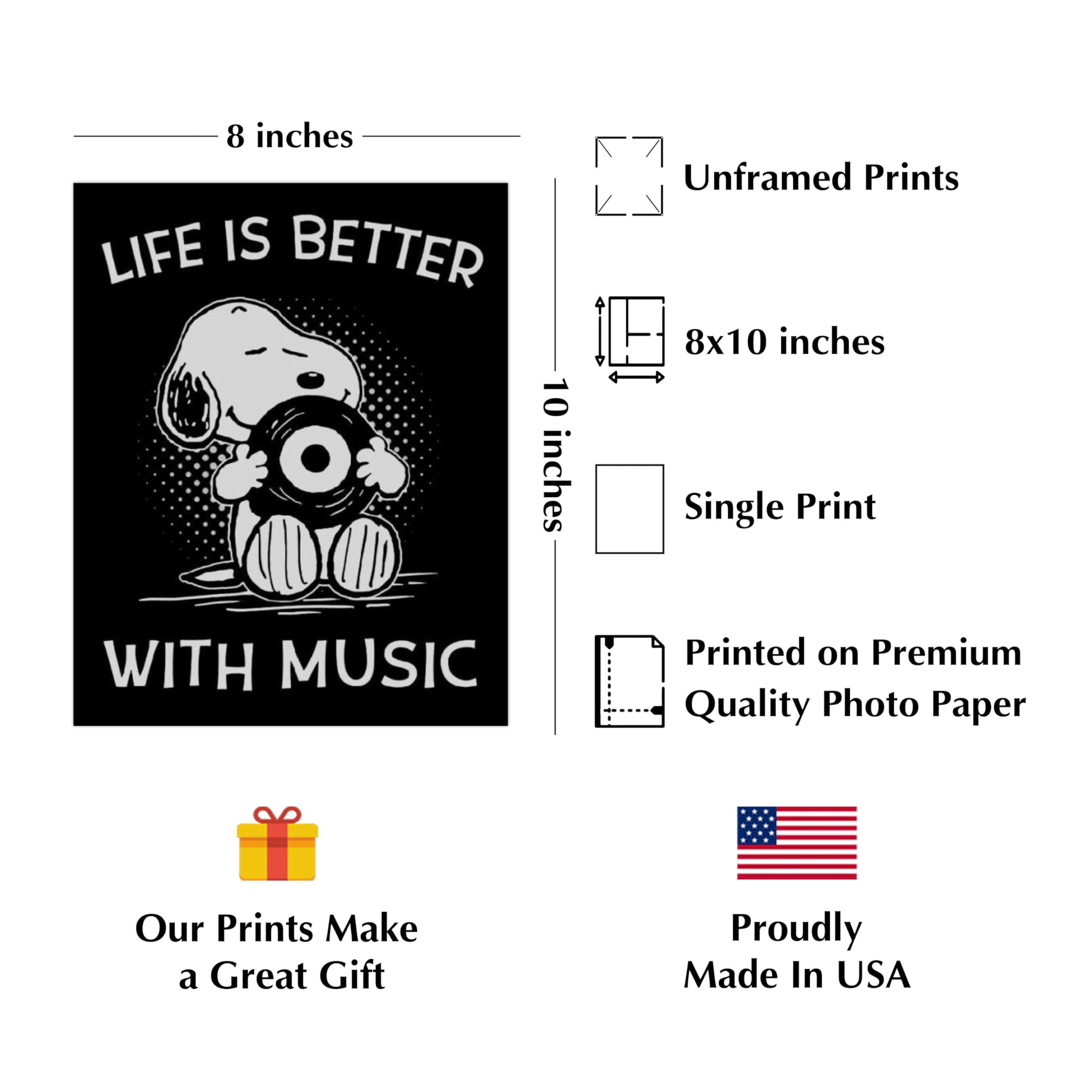 Life Is Better With Music - Snoopy Quotes Wall Art Print | 8x10 Inch Typographic Decor for Bedroom, Living Room, Office & Studio | Perfect Gift for Music Lovers & Peanuts Fans | Enhance Your Home Aesthetic with Inspirational Artwork