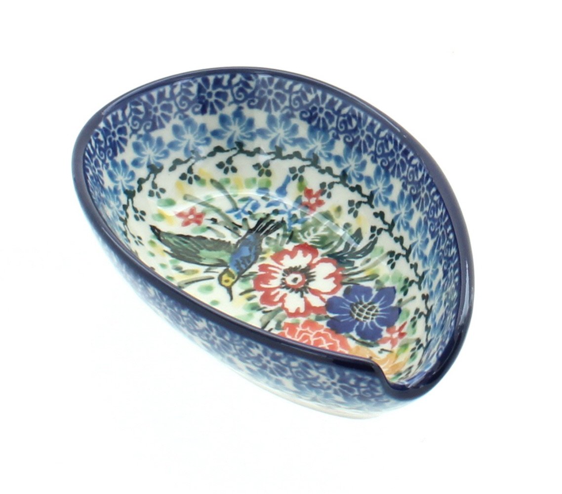 Blue Rose Polish Pottery Hummingbird Small Spoon Rest - Handmade Ceramic Spoon Holder for Kitchen, Coffee & Tea - Perfect for Cooking, Baking & Home Decor