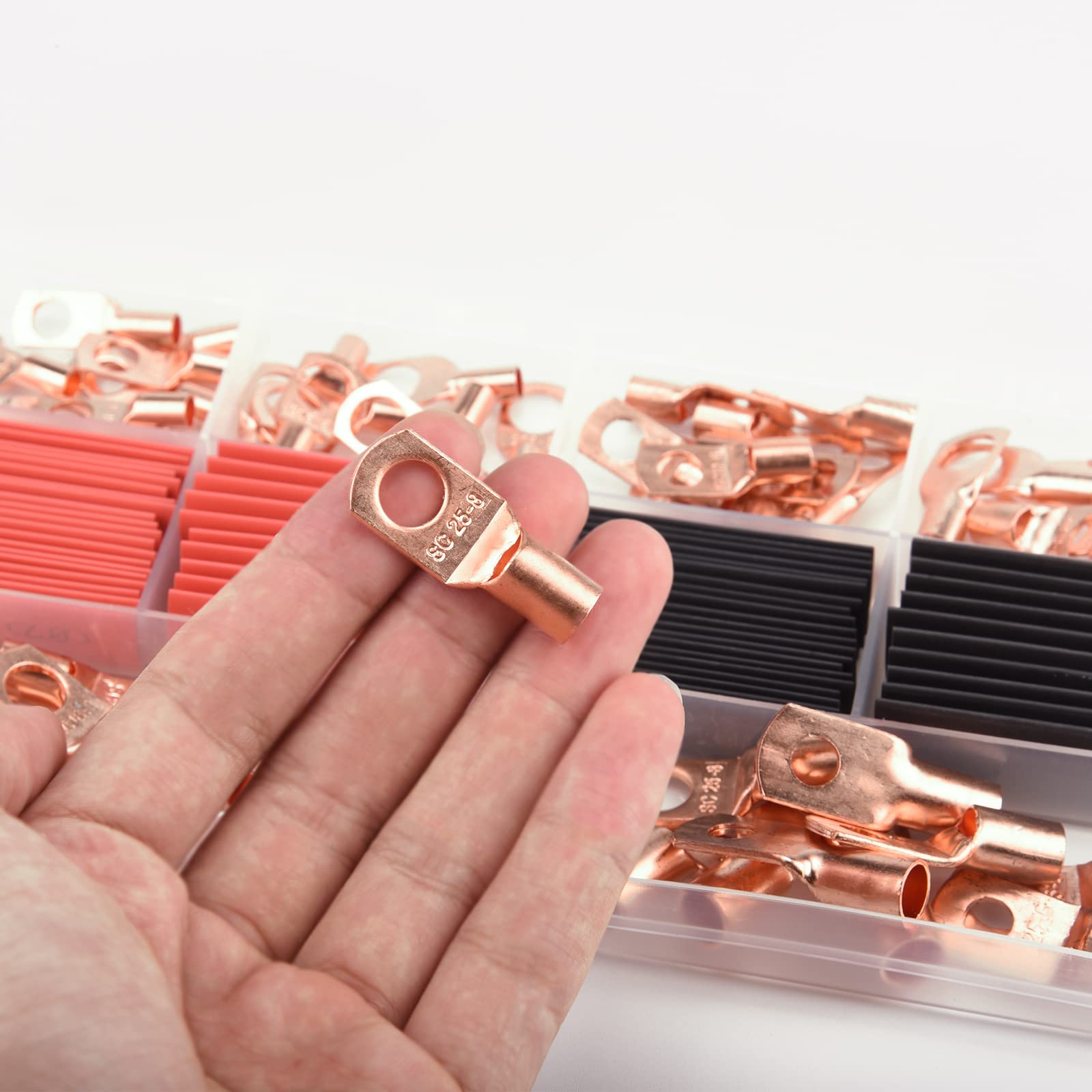 120pcs Copper Wire Terminal Connectors Kit - 4/6/8/10/12AWG Heavy Duty Wire Lugs with Heat Shrink Tubing for Battery, Electrical & Automotive Wiring - Perfect for DIY, Marine, Solar & Home Electrical Projects