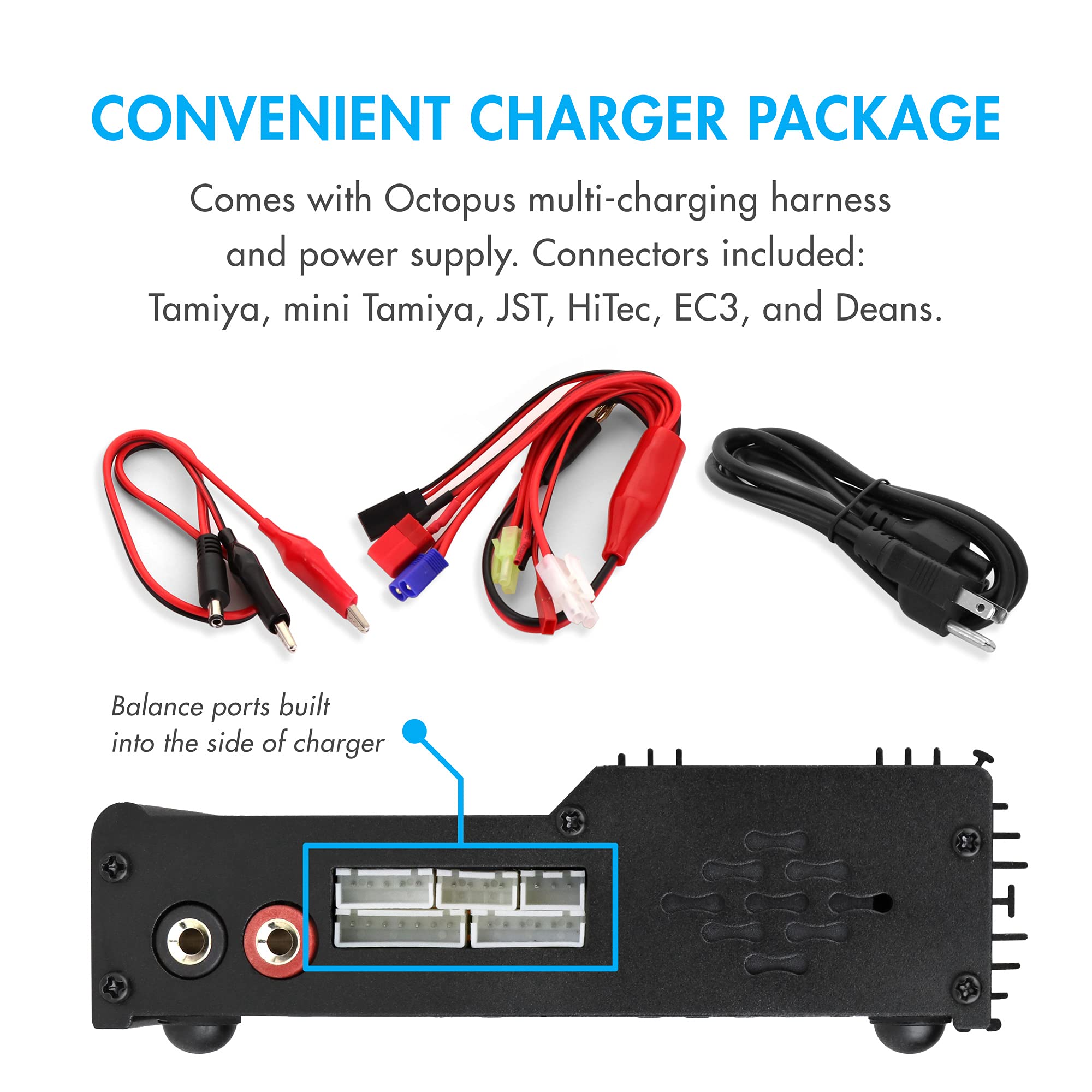 Tenergy TB6AC+ 80W Smart Balance Charger Discharger for 1S-6S LiPo/LiFe/NiMH/NiCd Batteries - LCD Display with Tamiya/JST/EC3/HiTec/Deans Connectors - Perfect for RC Cars, Drones, and Airsoft Battery Charging