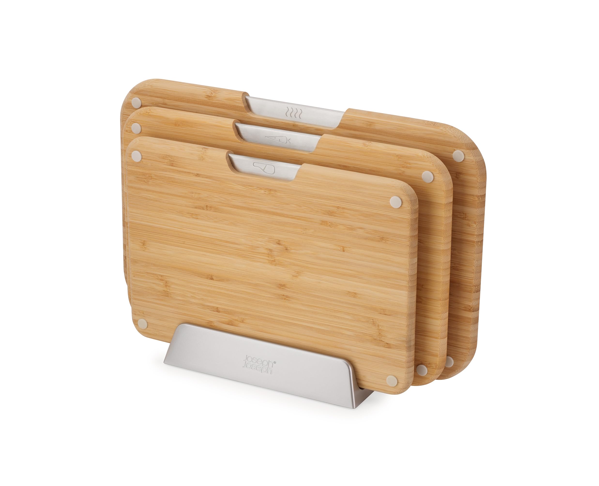Joseph Joseph Nest™ 3-Piece Bamboo Cutting Board Set - Double-Sided Non-Slip Bamboo Cutting Boards with Stainless Steel Tabs & Food Icons, Includes Metal Stand - Perfect for Kitchen Prep, Meat & Vegetable Cutting, Gift for Home Chefs