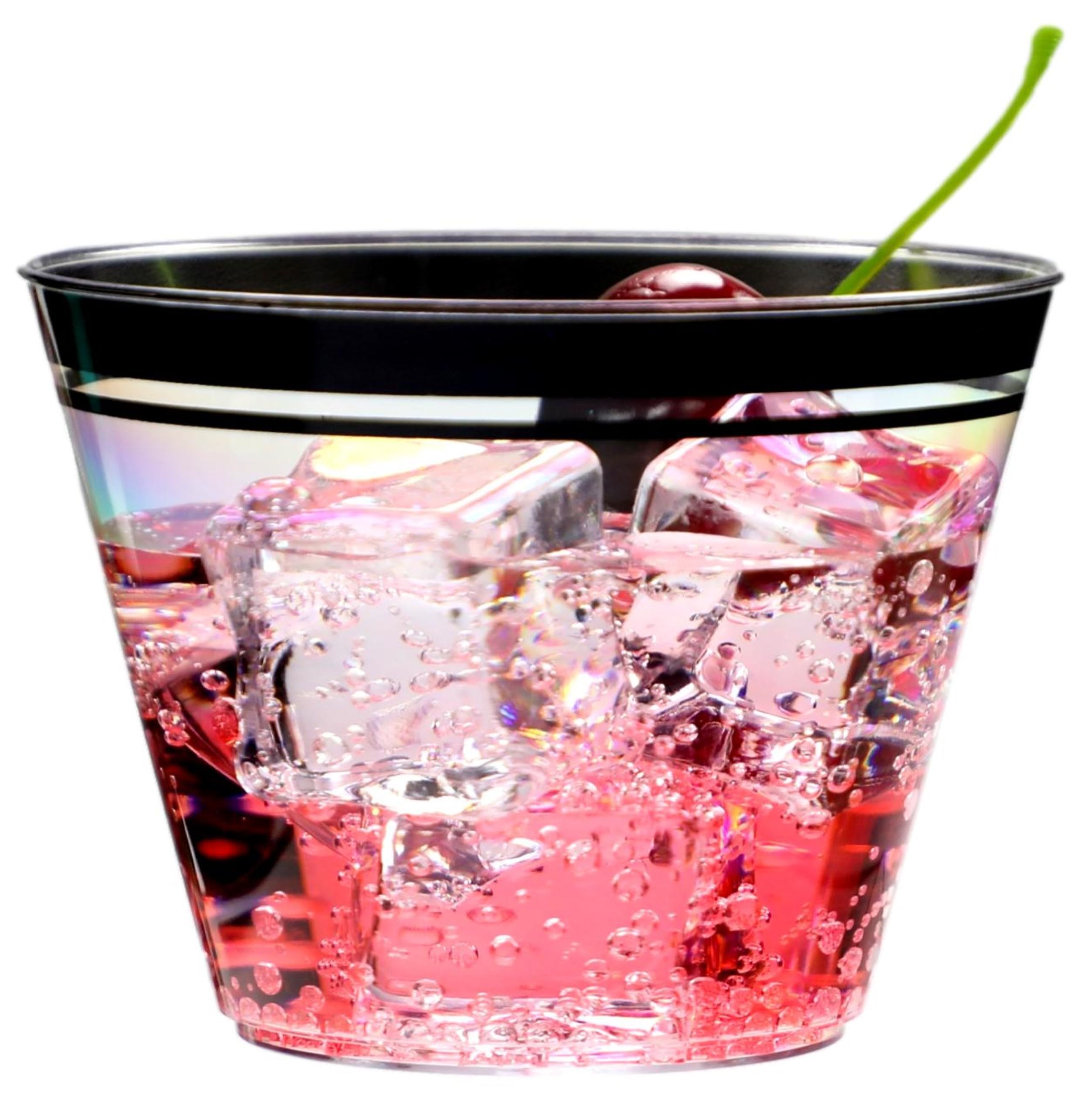 110 Black Rimmed Clear Plastic Cups 9 oz - Elegant Disposable Cups for Weddings, Holidays & Parties - Perfect for Over the Hill Celebrations, Bridal Showers & Elegant Events