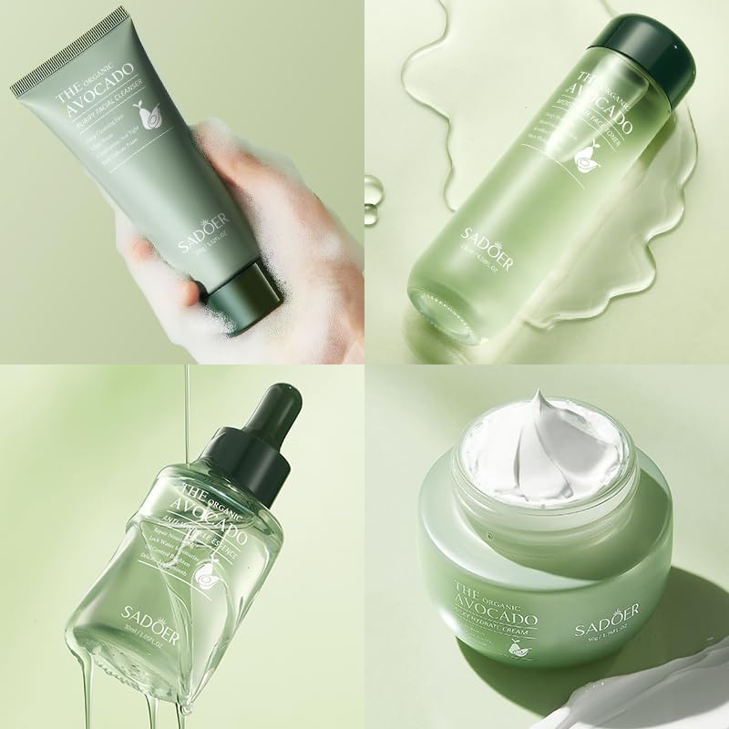 6Pcs Avocado Skincare Gift Set for Women - Hydrating Facial Cleanser, Serum, Cream, Eye Cream, Toner & Moisturizing Lotion | Complete Daily Skincare Routine Kit for Dry & Sensitive Skin | Perfect Gift for Mother's Day & Self-Care