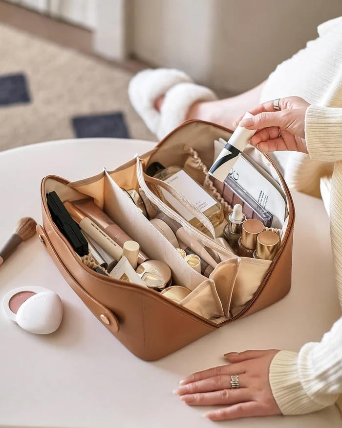 JRM Women’s Large Waterproof Leather Cosmetic Travel Bag - Spacious Makeup Organizer with Wide Opening, Dividers & Handle (Cross Open, Brown) | Perfect for Travel, Gym & Daily Makeup Storage