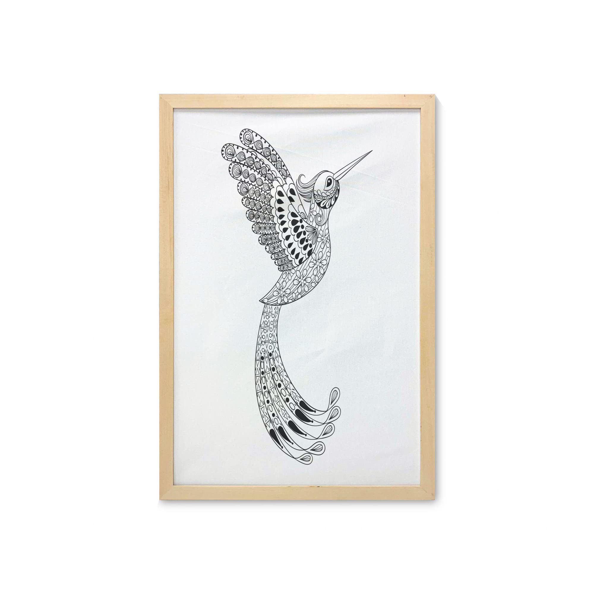 Ambesonne Hummingbird Wall Art with Frame - Hand Drawn Zentangle Monochromatic Exotic Bird Print, 23