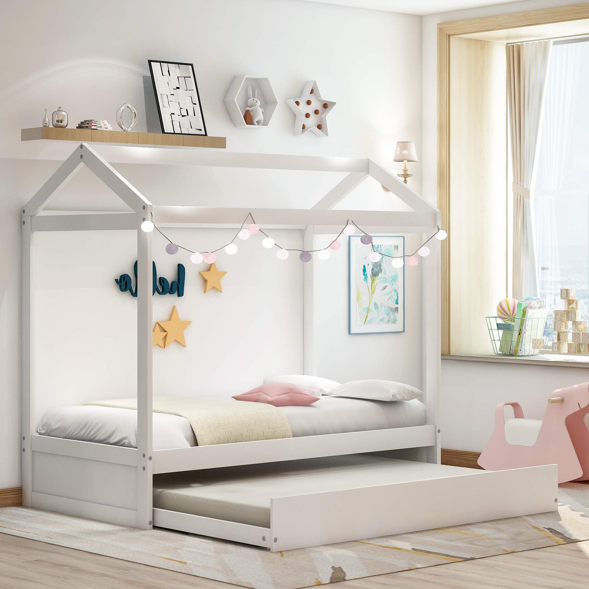 LZ LEISURE ZONE Solid Wood House Bed Frame with Trundle - No Box Spring Needed, White - Perfect for Kids' Bedrooms, Guest Rooms & Small Spaces