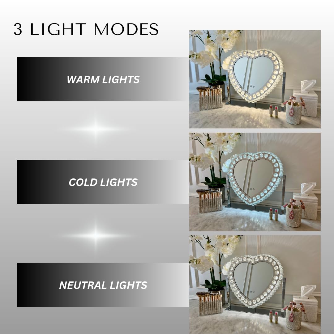 Heart LED Vanity Mirror with Crystal Accents - 3 Color Lighting Illuminated Makeup Mirror for Dressing Table, Bathroom & Bedroom Beauty Routine