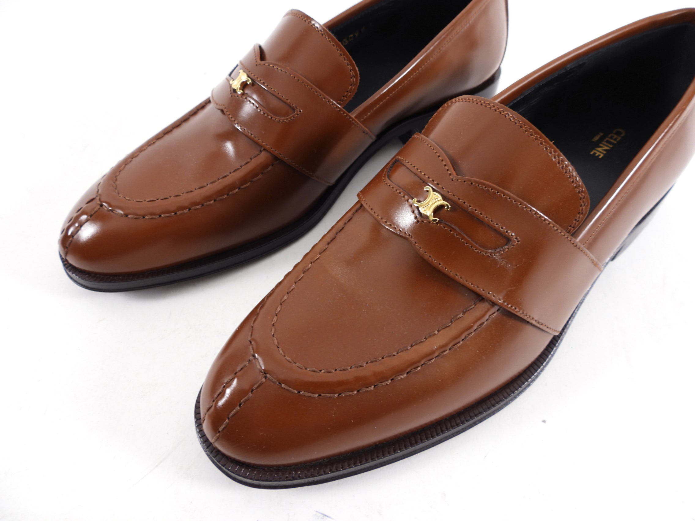 Celine Tan Polished Leather Triomphe Loafers Size 37 | Women's Luxury Slip-On Shoes for Office, Travel & Casual Wear
