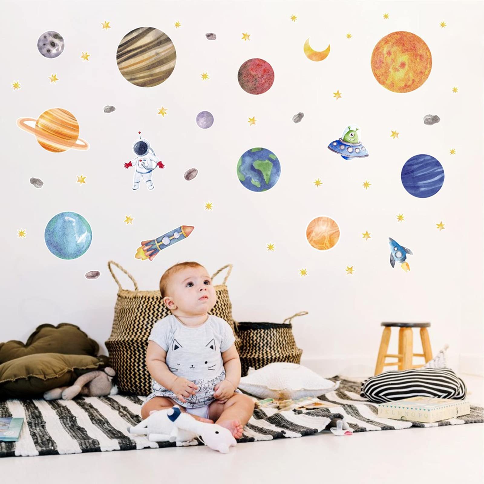 Solar System Wall Stickers for Kids Room - Space Themed Peel & Stick Wall Decals with Planets, Rockets & Astronauts - Perfect for Bedroom, Classroom, Playroom & Teen Girl's Room Decor - Easy DIY Space Art for Learning & Fun