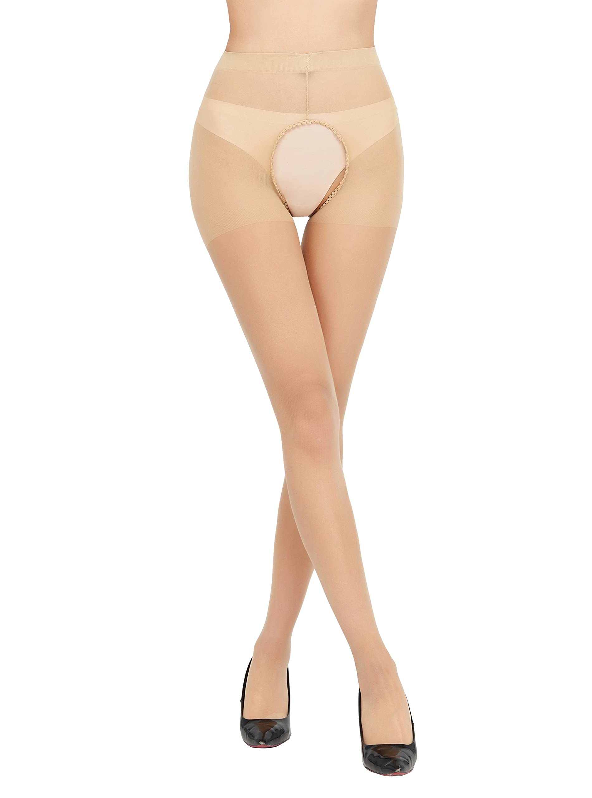 PERAMBRY Women's Sexy Thigh High Stockings - 12 Denier Sheer Silky Pantyhose with Hollow Out Design | Perfect for Date Night, Cosplay & Special Occasions