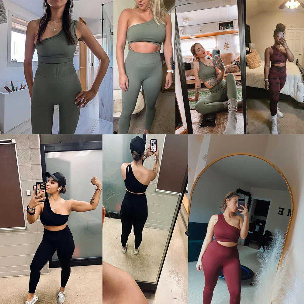 2 Pcs Women's Seamless Yoga Set - One Shoulder Workout Outfits for Gym, Fitness & Sports | Breathable & Comfortable Activewear for Yoga, Running & Training