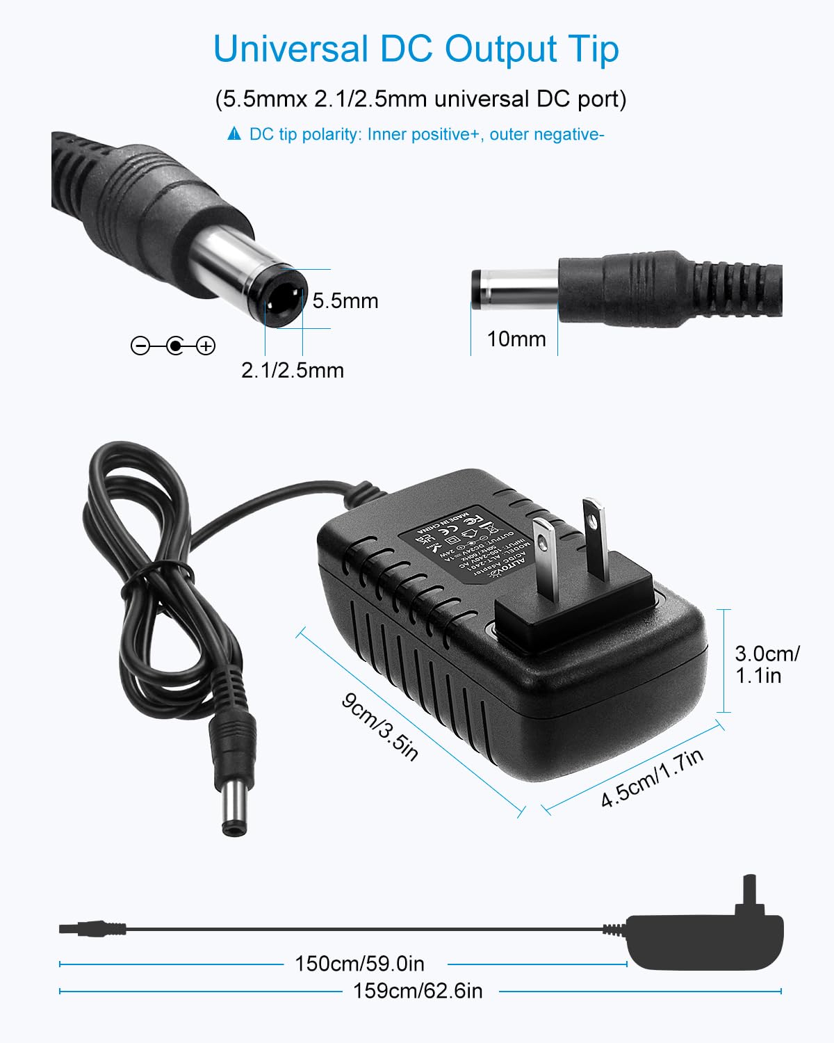 ALITOVE 24V 1A 24W AC/DC Power Adapter - 5.5mm x 2.5mm/2.1mm Tip - Compatible with LED Lights, CCTV Cameras, DC Motors, Water Pumps - 24 Volt Power Supply for Home & Industrial Use (5 Pack)