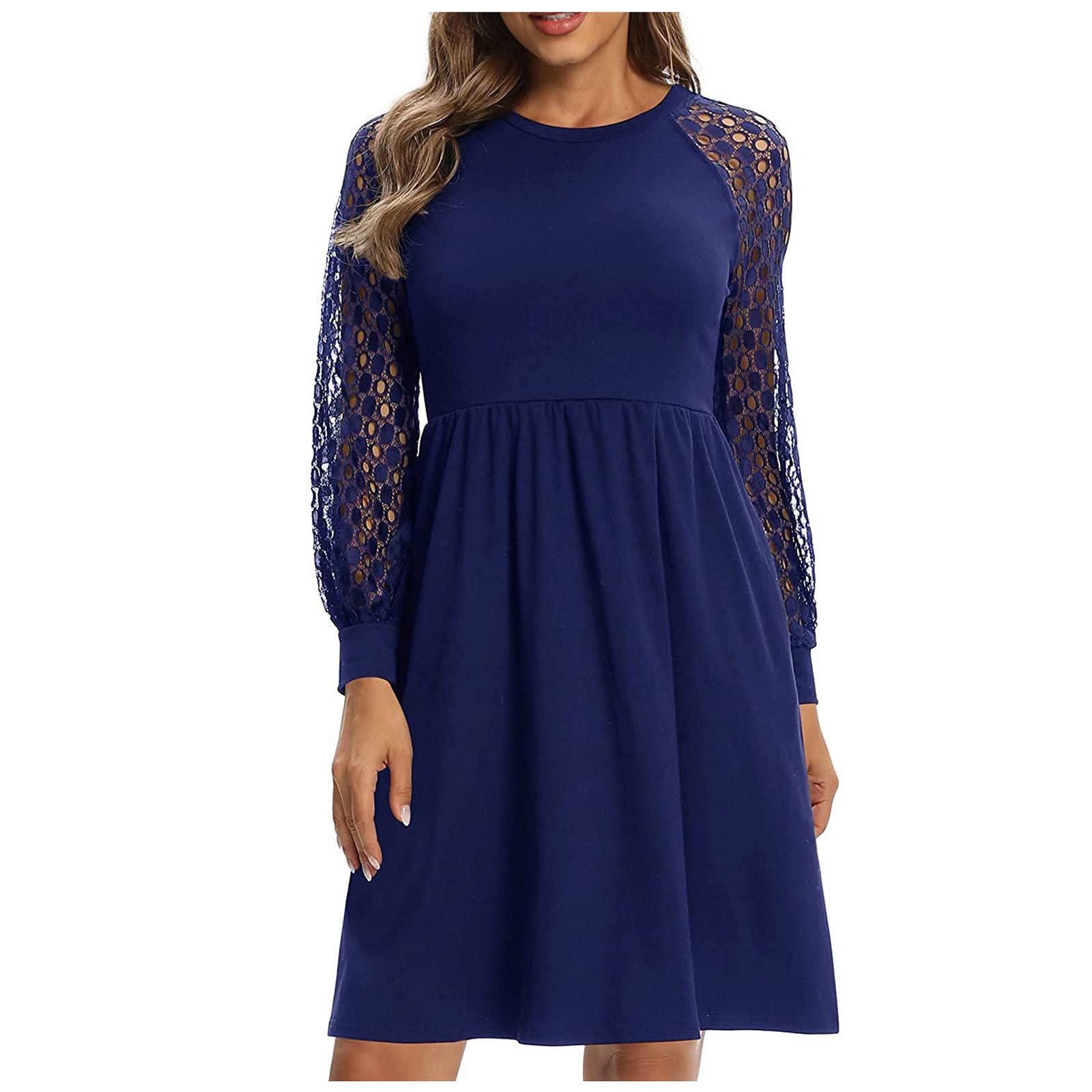 Women's Summer Beach Dress - Hollow Out Long Sleeve Lace Patchwork Retro Party Dress with Round Neck | Perfect for Vacations, Weddings & Outdoor Events