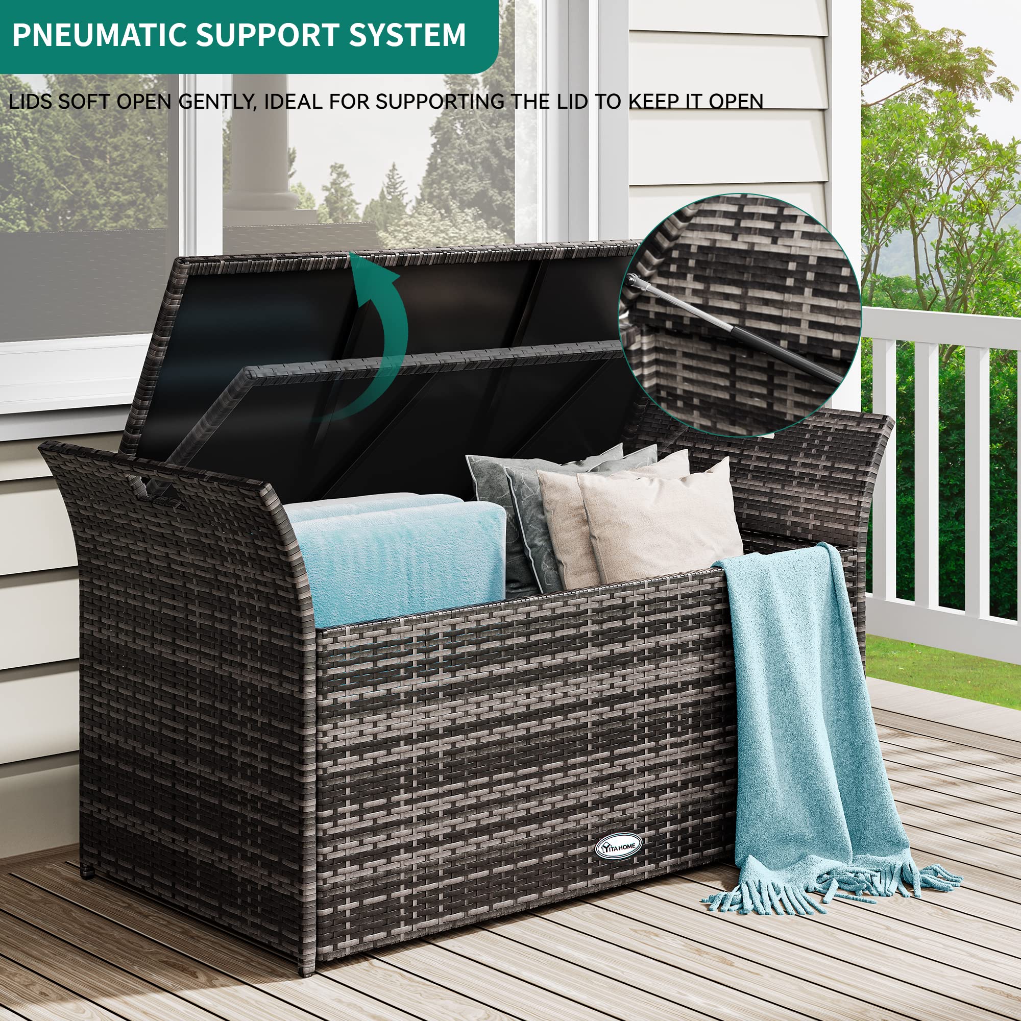 YITAHOME 90 Gallon Outdoor Wicker Storage Bench with Cushion - Large PE Rattan Deck Storage Box with Handles & Hydraulic Lid - Perfect for Patio Furniture, Cushions, Garden Tools, Pool & Sports Equipment - Light Gray - Ideal for Backyard, Deck, Poolside & Outdoor Storage Organization