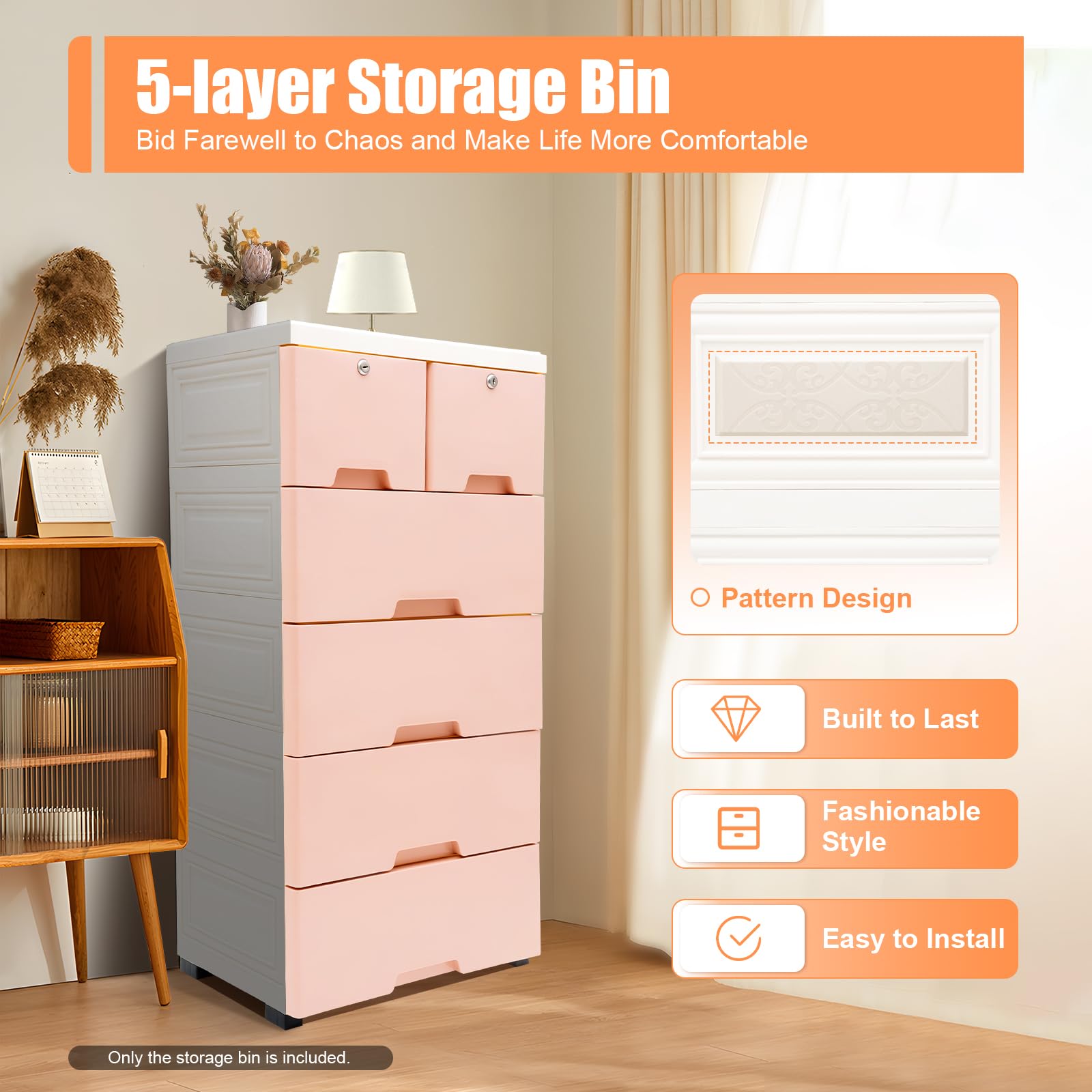 6-Drawer Rolling Dresser with Lock - Plastic Storage Cabinet for Clothes, Modern Bedroom & Closet Organizer, Pink Fabric Dresser for Bedroom, Office, Nursery & Dorm Organization - Space-Saving Storage Solution