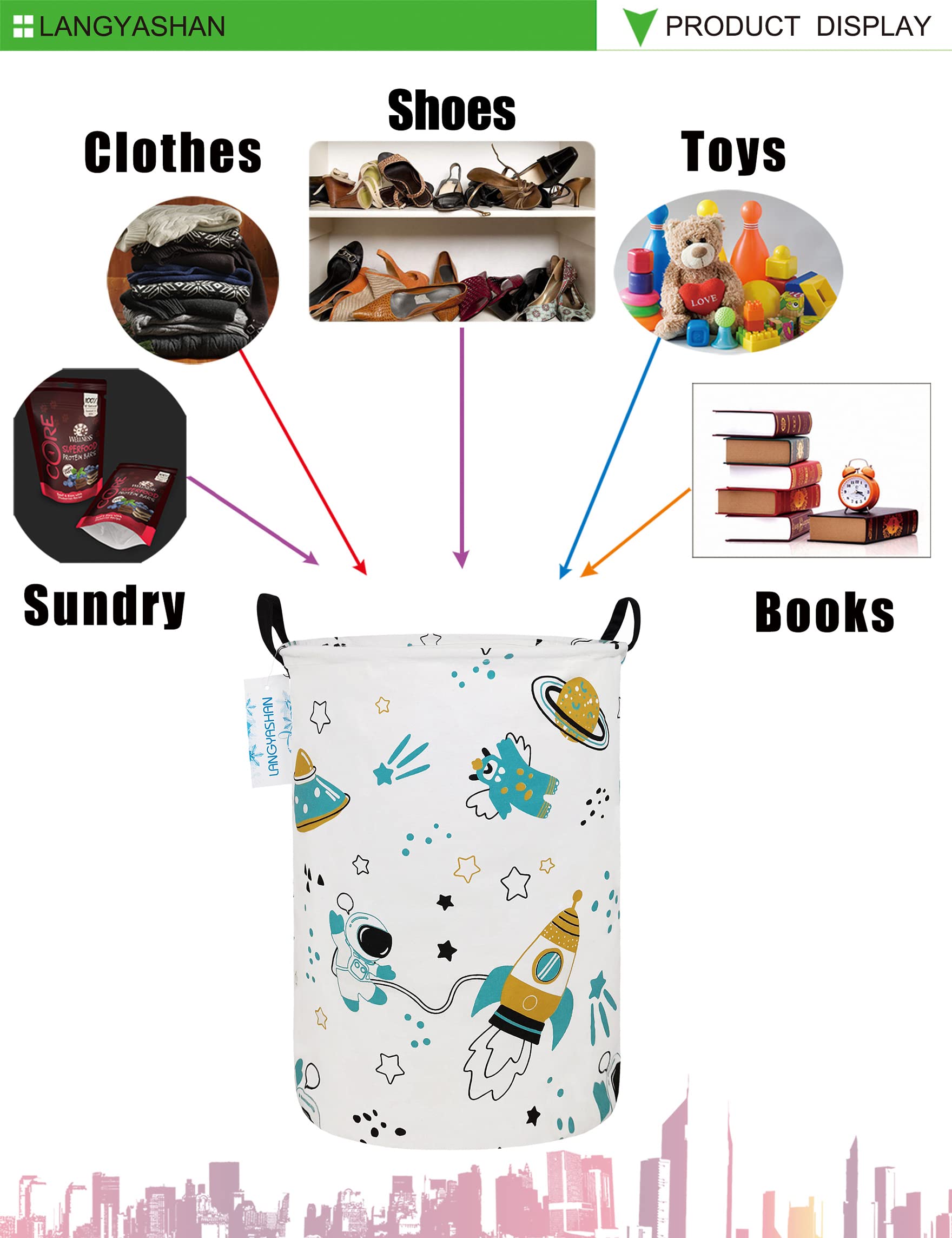 LANGYASHAN Collapsible Storage Bin - Canvas Fabric Organizer Basket for Laundry, Toys, Clothes & Nursery | Space Astronaut Design | Perfect for Bedroom, Baby Room & Gift Giving