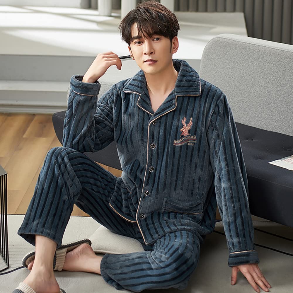 Overhill's Men's Flannel Pajama Set - Warm Winter Pajamas for Men, Thick Striped Lounge Wear with Embroidery, Casual Sleepwear & Loungewear, Size 3XL (90-110) - Perfect for Cozy Nights, Winter Relaxation & Home Comfort