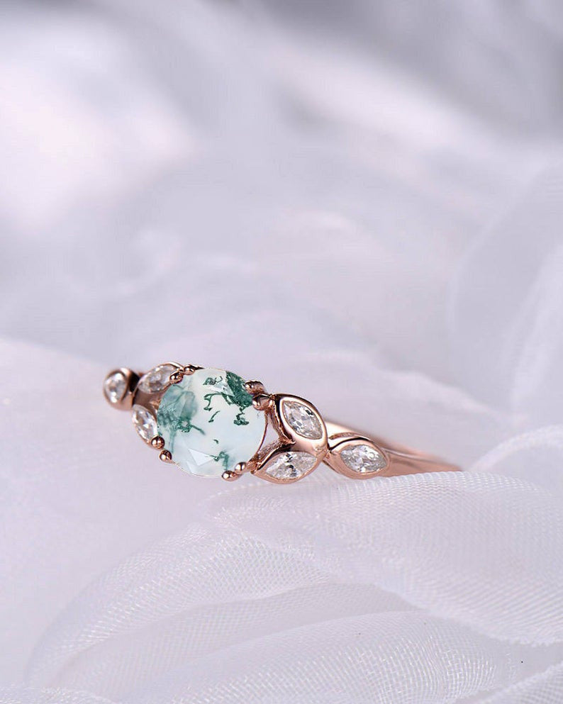 Natural Moss Agate Rose Gold Engagement Ring for Women - Elegant Wedding & Bridal Jewelry - Perfect for Proposals, Anniversaries & Romantic Occasions