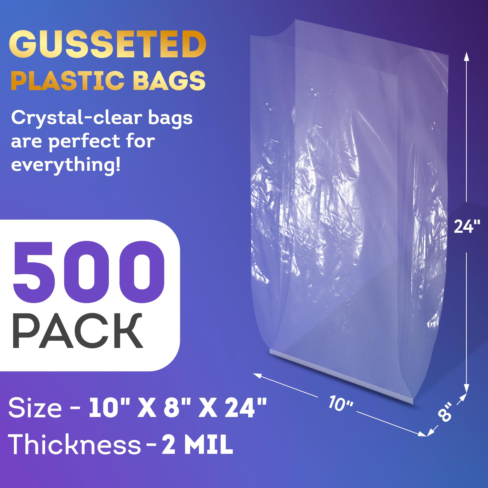 APQ Clear Gusseted Poly Bags 10x8x24 Inches - 500 Pack Waterproof Flat Bottom Plastic Bags with Open Top - 2 Mil Thick for Packaging Popcorn, Cookies, Bread - Ideal for Party Favors, Bakery Storage & Retail Display
