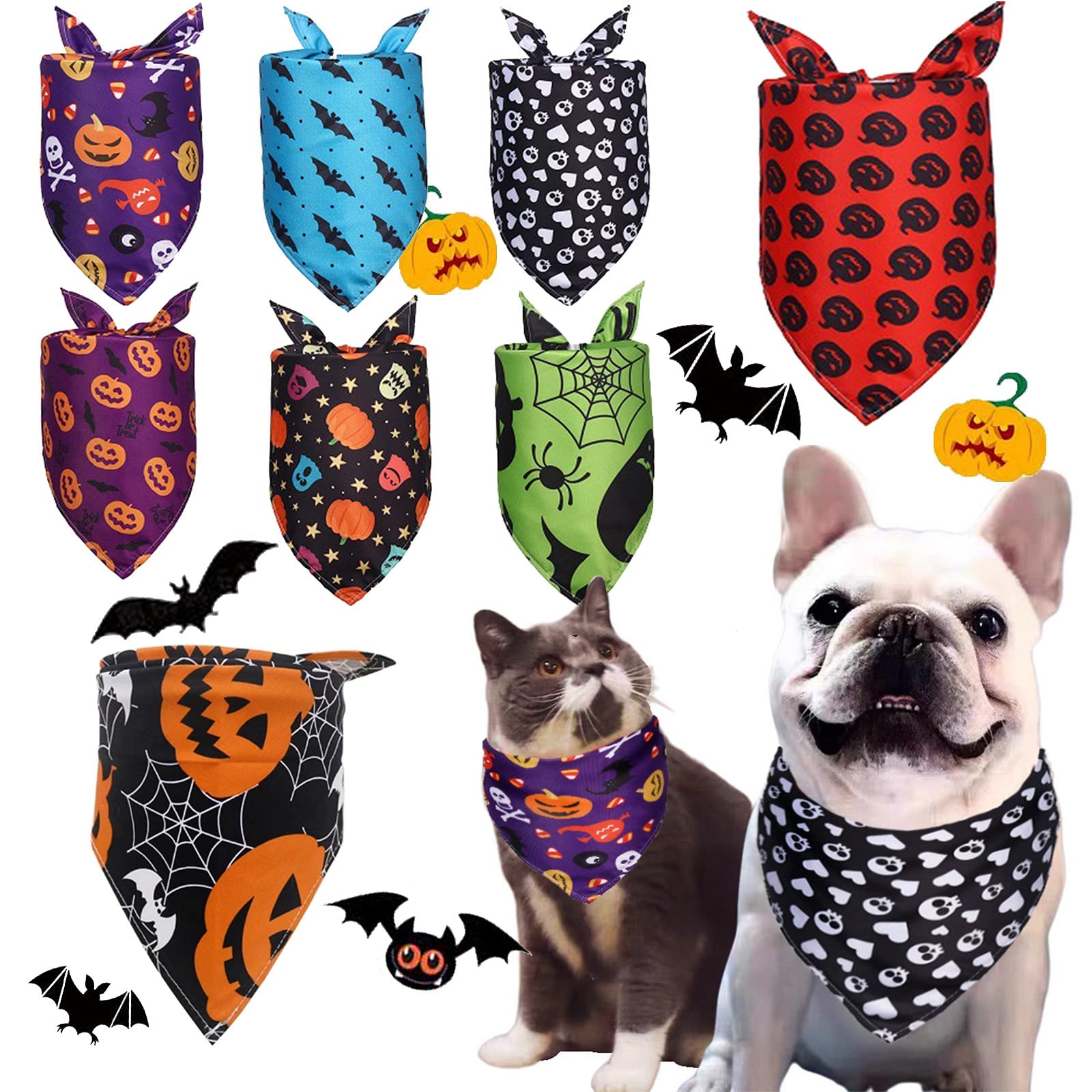 8 Pack Halloween Dog Bandanas - Pumpkin & Bat Triangle Dog Scarf, Adjustable Washable Pet Neckerchief, Cute Dog Bib Scarf Costume Accessories for Large Medium Small Dogs - Perfect for Halloween Parties & Pet Photo Shoots