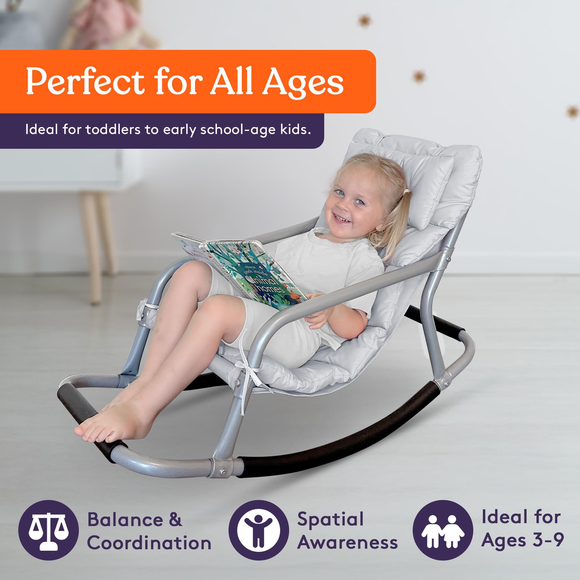 **Sensory Rocking Chair for Kids - Soft Fabric Comfortable Rocker Chair with Stability - Versatile Floor Chair for Playroom, Bedroom, Nursery (Ages 3+) - Grey - Perfect for Relaxation, Reading & Sensory Play**