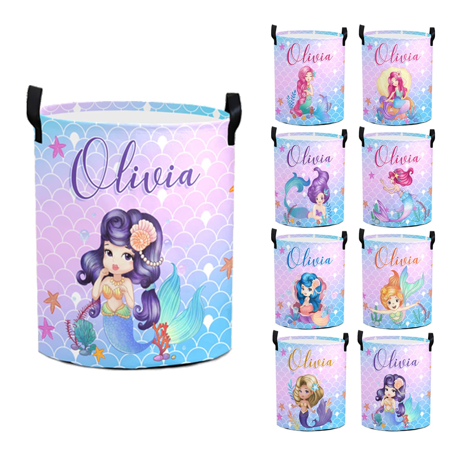 Custom Personalized Mermaid Laundry Basket for Girls with Name - Kids Baby Laundry Hamper Organizer (Style 05) - Perfect for Bedroom, Nursery, and Playroom Storage