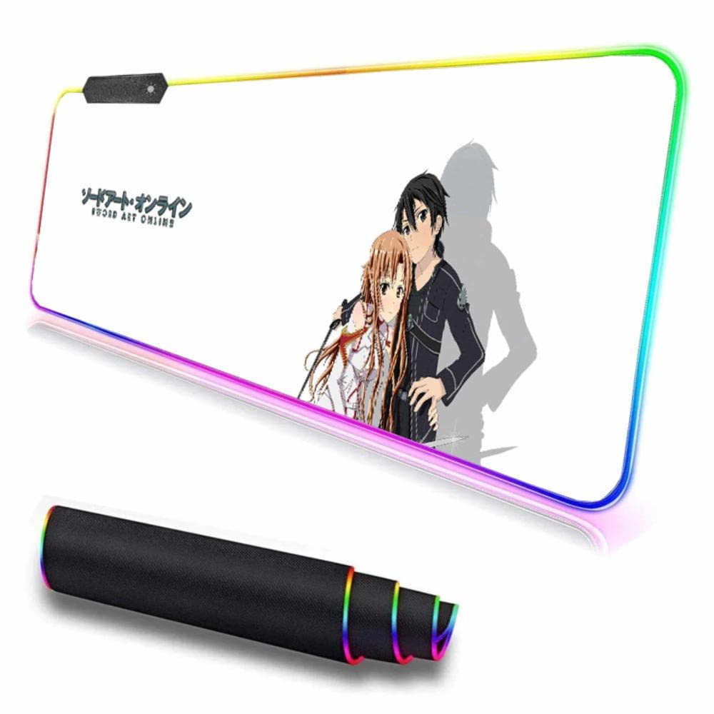RGB Gaming Mouse Pad - Sword Art Online Asuna & Kirito Anime Design, XXL (400x900mm) Non-Slip Locking Edge, LED Backlit Desk Mat for Gaming, Office & Computer Work - Perfect for CSGO, Dota 2 & PC Battlestation Setup