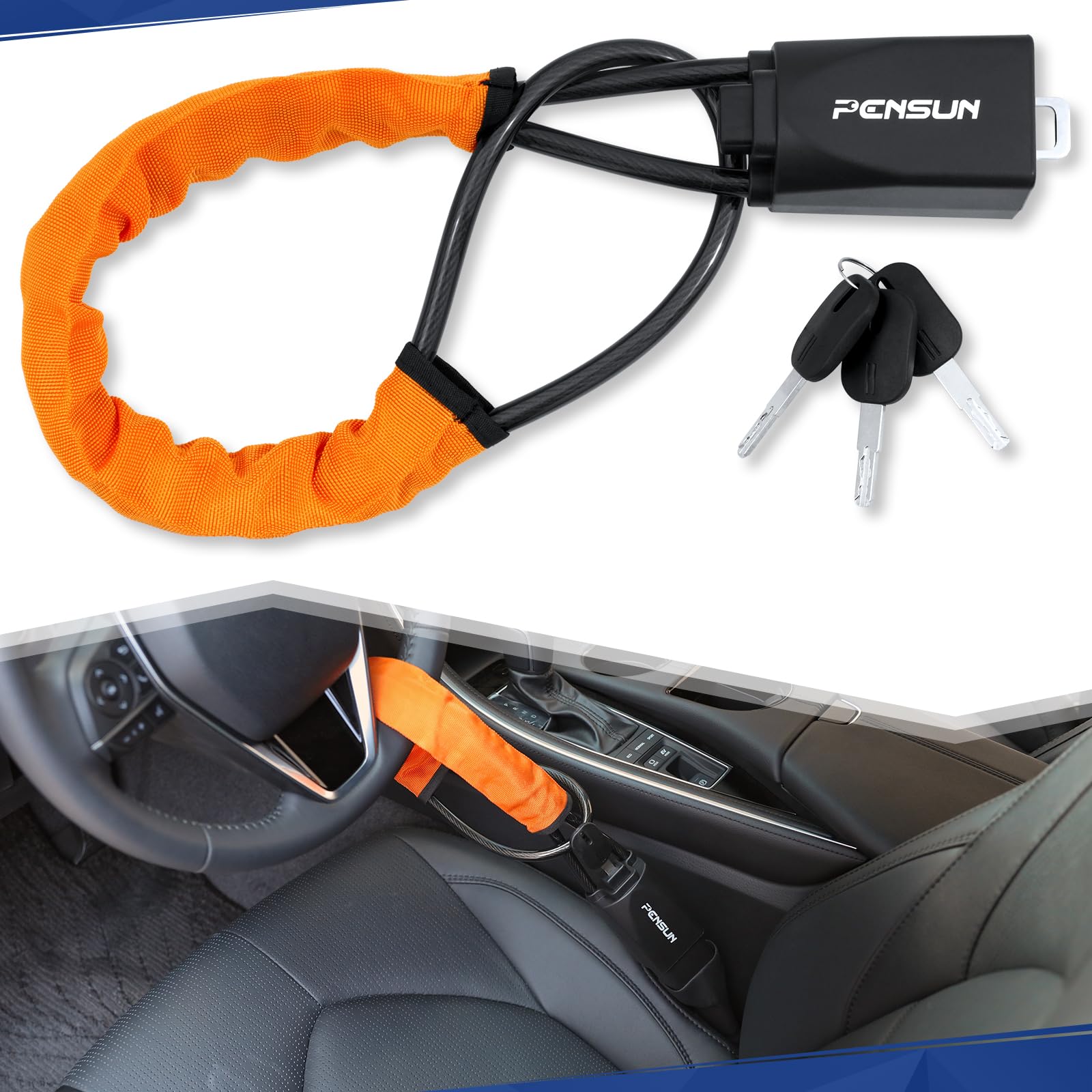 PENSUN Universal Steering Wheel Lock - Anti-Theft Car Security Device with 3 Keys for Most Vehicles (Truck, SUV, Van, Golf Car) - Orange | Secure Parking & Theft Protection for Urban Driving & Overnight Storage
