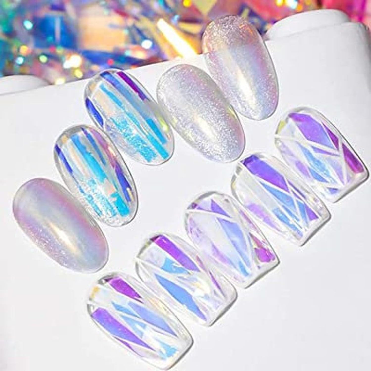 Holographic Nail Foil Stickers Set - 6 Boxes of Shiny Aurora Glass Paper Transfer Decals for Acrylic Nails & Manicure | DIY French Nail Art Supplies for Girls | Perfect for Home Salon, Parties & Gift Giving