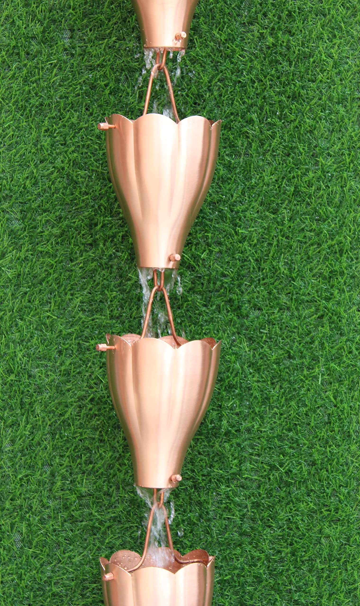 KAM Home XL Brown Plated Aluminum Rain Chain - 13.5 Inch Copper Finish Scalloped Cups with Installation Kit | Outdoor Garden Water Feature Decor for Patio, Yard & Roof Drainage