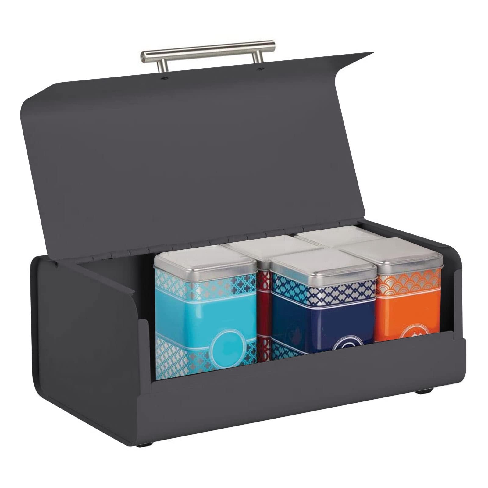 Stainless Steel Bread Storage Container with Clamshell Door - Large Capacity Bread Bin for Fresh Loaves, Baguettes & Pastries - Perfect for Kitchen Countertop, Pantry & Bakery Organization (Dark)