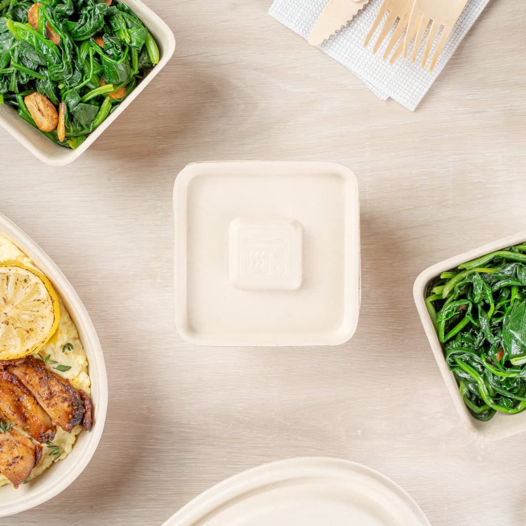 Eco-Friendly 9-OZ Bagasse Bowl Lids - 100 Count Square Disposable Pulp Tek Lids for Sugarcane Fiber Bowls | Biodegradable & Compostable | Perfect for Restaurants, Catering & Takeout Meals