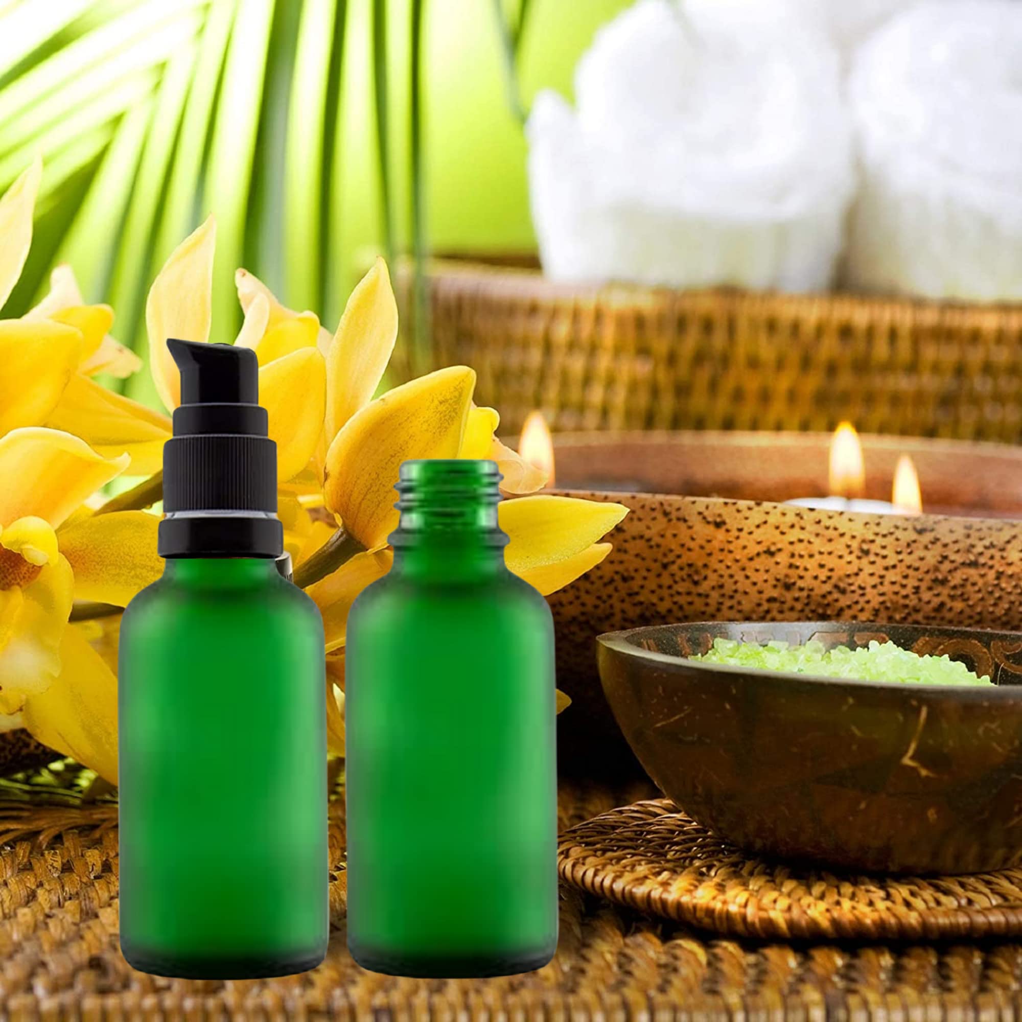 Refillable 30ml Frosted Round Glass Bottle with Black Pump & Cap - Pack of 2, Green - Perfect for Essential Oils, Serums, DIY Beauty Products, Travel Toiletries & Home Fragrances | Great for Skincare, Haircare & Aromatherapy