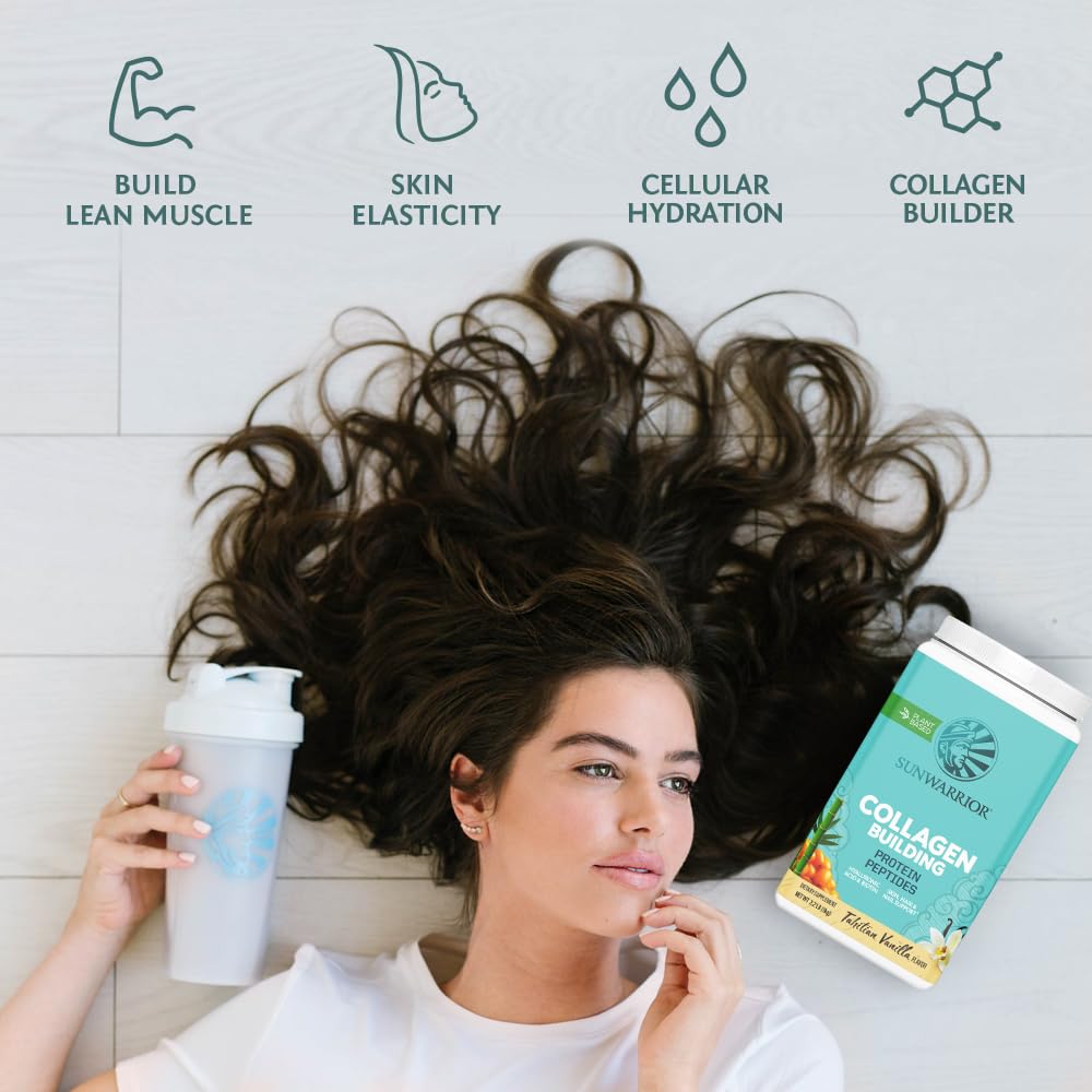 Sunwarrior Vegan Collagen Peptides Powder - Plant-Based Protein for Women with Hyaluronic Acid, Biotin & Vitamin C | Promotes Healthy Hair, Skin & Nails | Vanilla Flavored (40 Servings) | Perfect for Smoothies, Shakes & Post-Workout Recovery