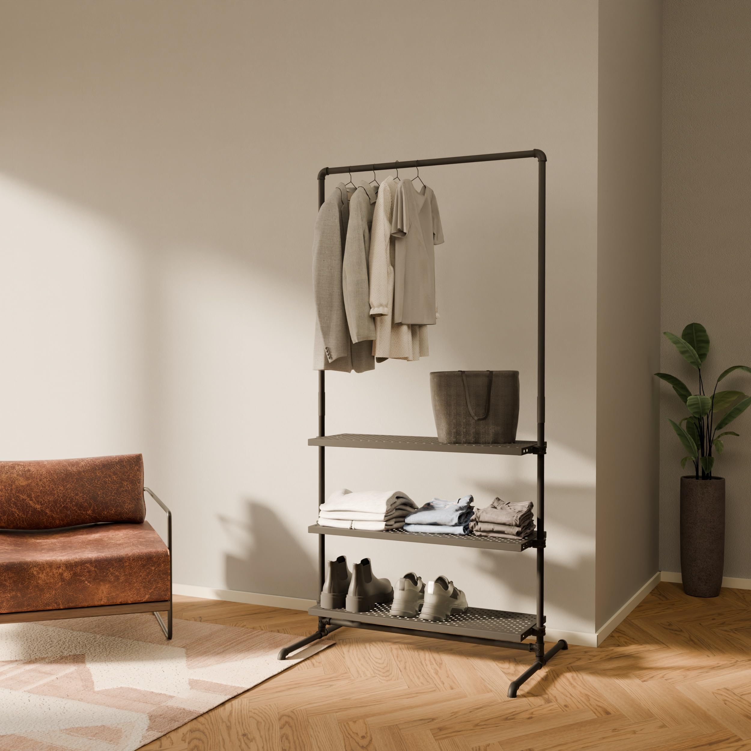 Pamo Heavy Duty Industrial Pipe Clothing Rack with Shelf - 175 lbs Capacity Free Standing Garment Rack | Walk-In Closet Organizer with Metal Shelf for Bedroom, Laundry Room & Boutique Display