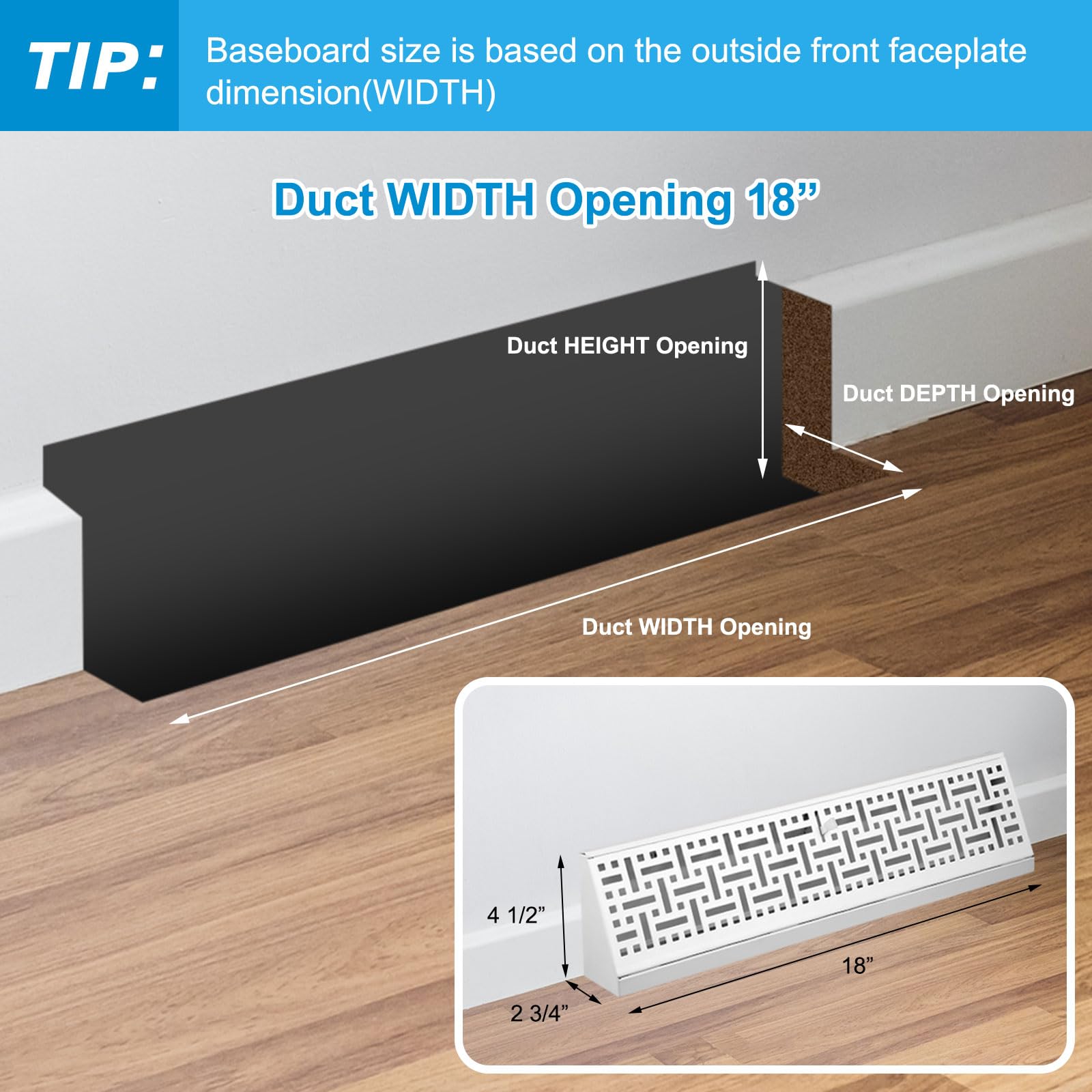 Landhoow 2 Pack White 18 Inch Baseboard Register Diffuser - HVAC Vent Covers for Home Floor & Wall, Decorative Air Vent Grilles for Bedroom, Living Room & Office